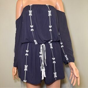 Exist - Off The Shoulder Romper Jumper Navy Blue & White Tribal Embroidery Med